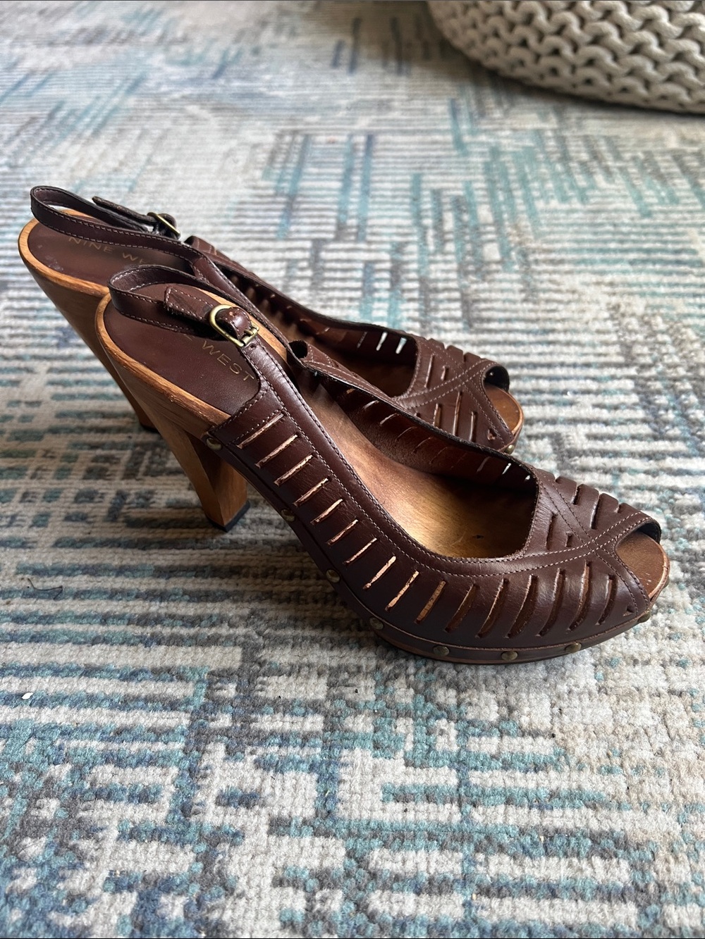 Nine West Brown Leather Slingback Clog Heels Size 8 Wood Platform Boho